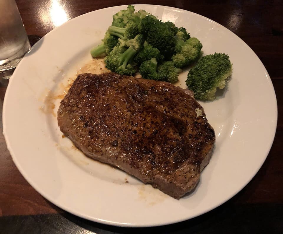 A grilled ribeye steak served with broccoli (illustrative)