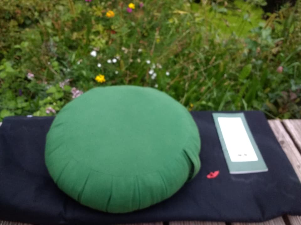 A green meditation cushion on a dark mat outdoors, among grass and flowers (illustrative)